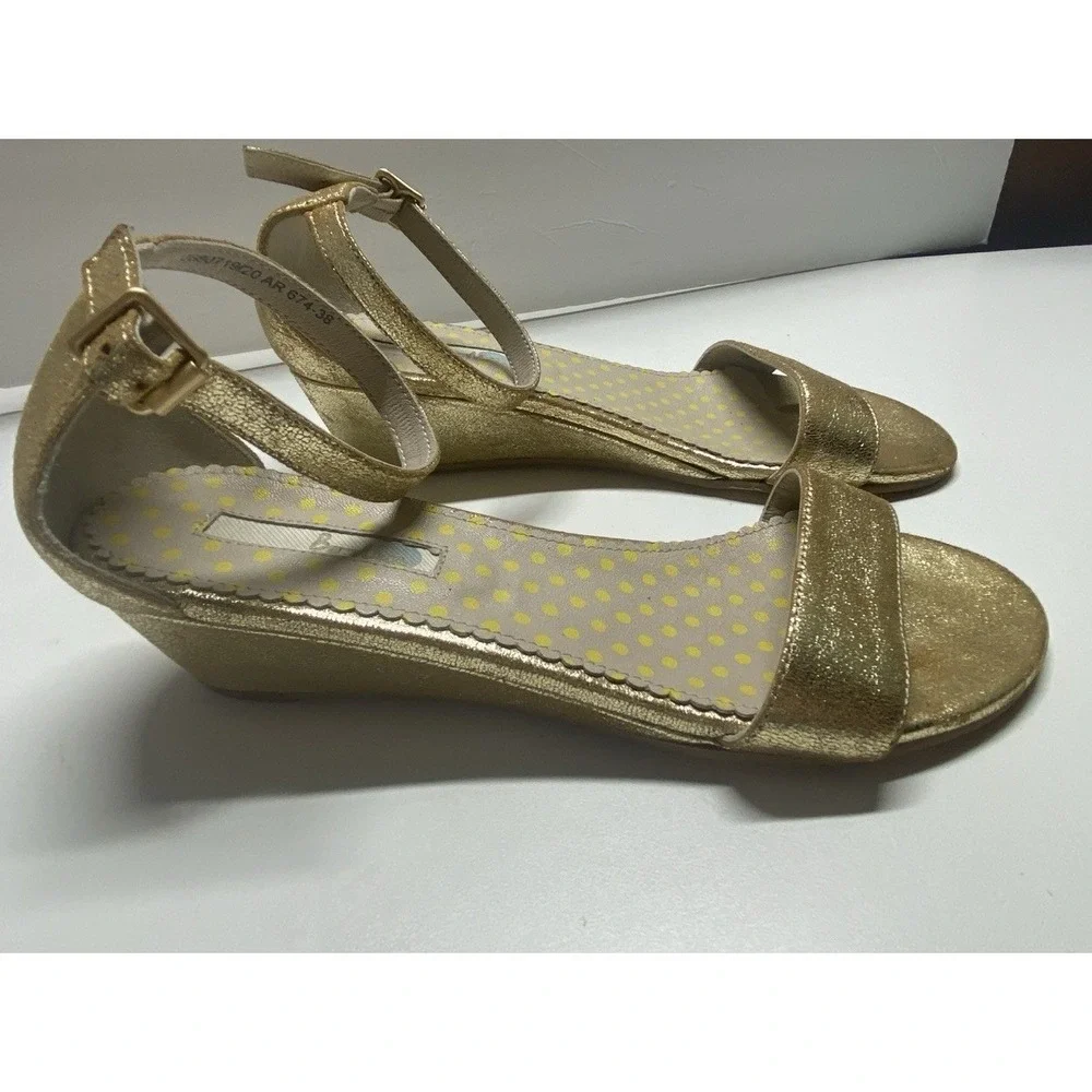 Boden Gold Metallic‎ Leather Low Wedge Sandals Polka Dot Insole Size 38